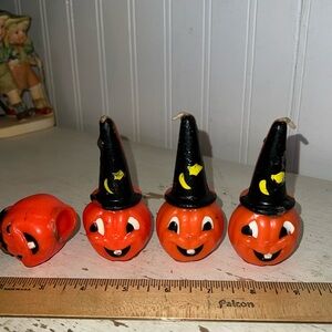 Vintage Halloween Gurley Jack o lantern pumpkin black hat candles decoration